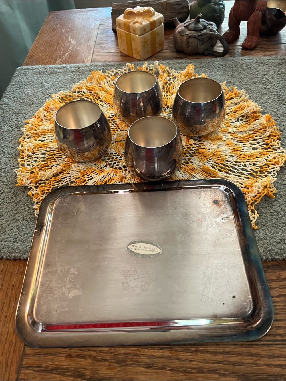 Vintage 1970’s Onedia Silver Plated Serving Tray Set 4 Roly Poly Cups